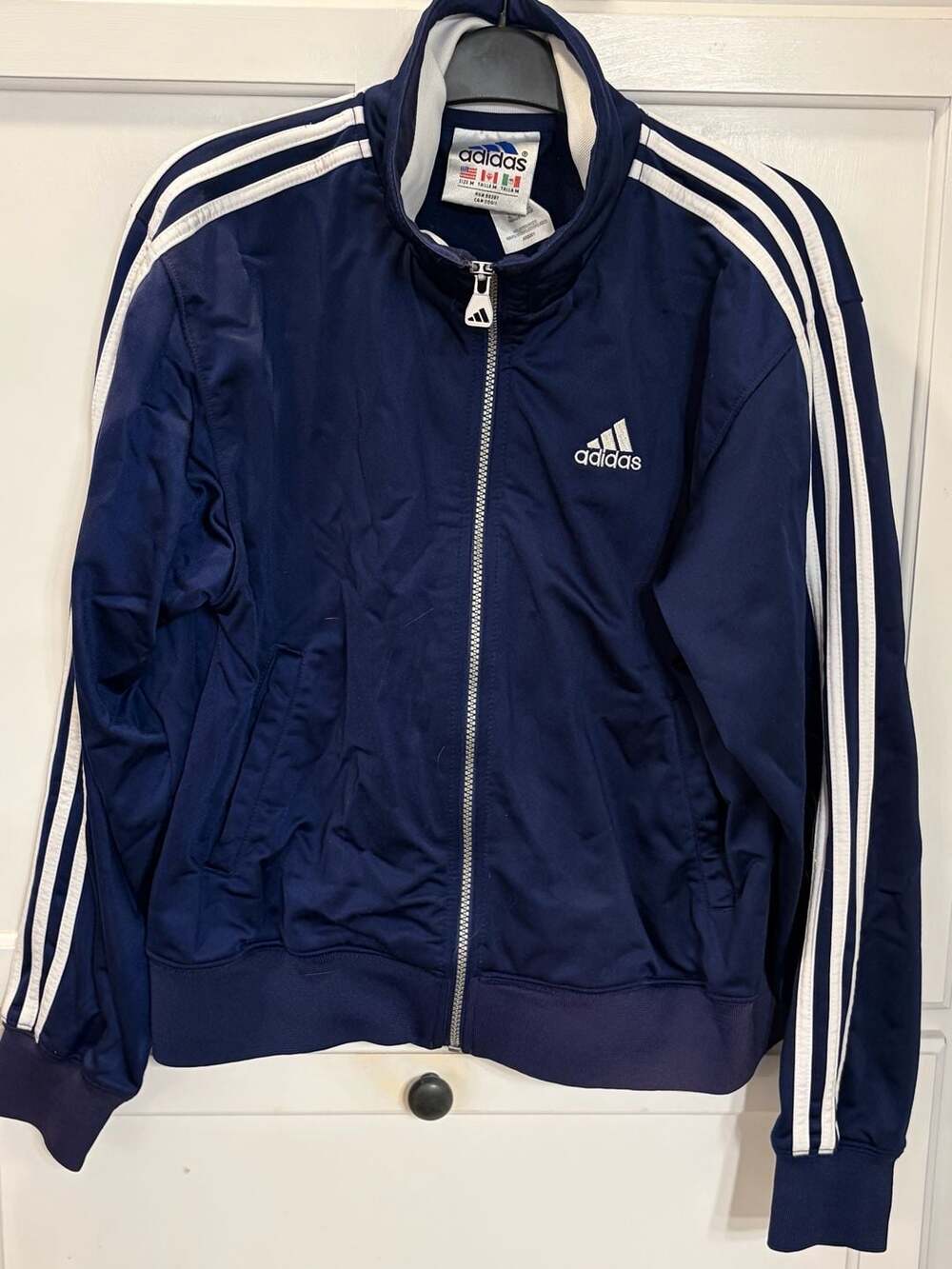 Y2K Adidas Track Jacket Size M Navy White Full Zip 3 Stripe Polyester Retro
